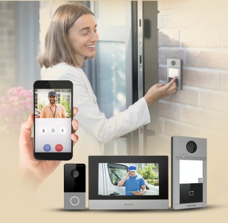 Sistema videoportero Hikvision – monitor interior, panel exterior y app móvil