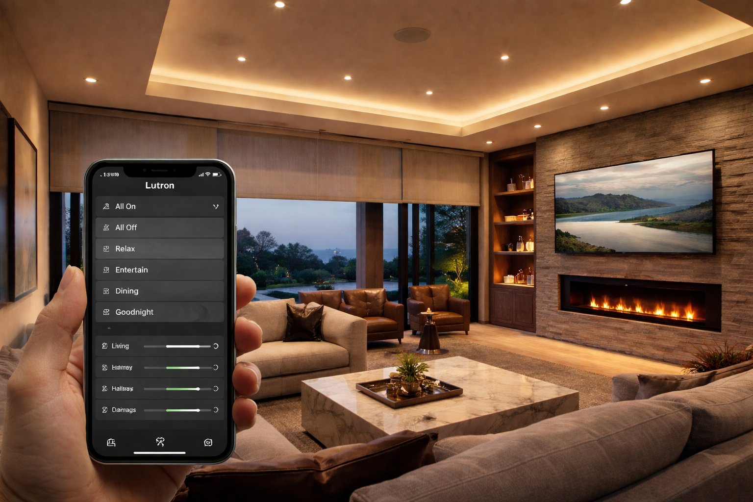 Control de Iluminación Lutron – sala residencial con app Lutron